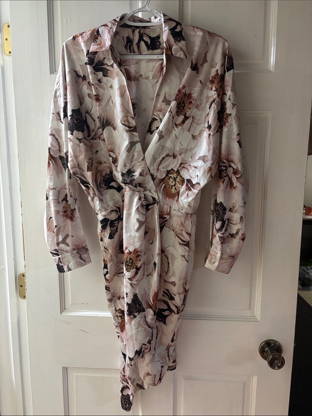 Express Floral Satin Wrap dress - Pink Cream Brown